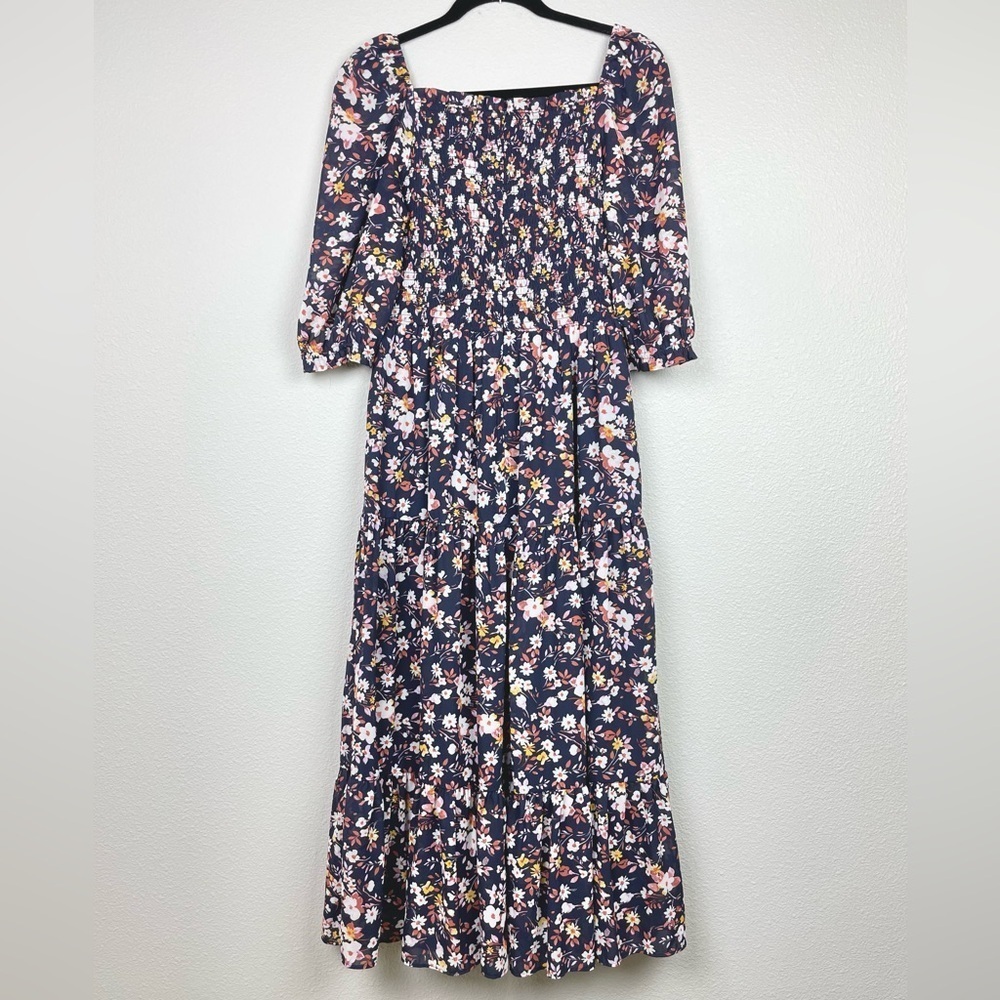 Ann Taylor Women's 4 PETITE Floral Smocked Maxi Dress Puff Sleeve Tiered Ruffle - Picture 13 of 16